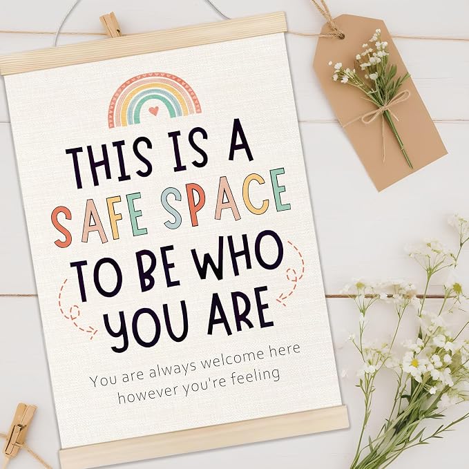 Welshower Boho Rainbow Classroom Safe Space Poster Hanger Frame, Calming Corner Wall Art Prints Decor for Counselor Therapy Office Classroom Calm Down Corner, 12x16 Inch