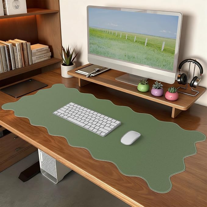 iCasso Leather Mouse Pad,Extra Large Desk Pad with Stitched Edges,Cute Scalloped Computer Mat for Desktop,Non-Slip Nail Mats Green,Waterproof Desk Protector for Office Home School