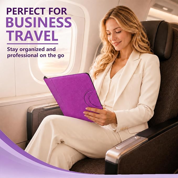 Darolin Vegan Leather Padfolio Portfolio with Handle, Zipper -Purple | Business Portfolio Organizer for Meetings, Interviews, Travel, Resume, Clipboard Fits A4, Letter Size, Padfolio for Men Women
