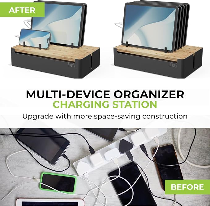 Prosumer's Choice Natural Bamboo Charging Station Rack for Smartphones and Tablets (Metal & Bamboo, Black)