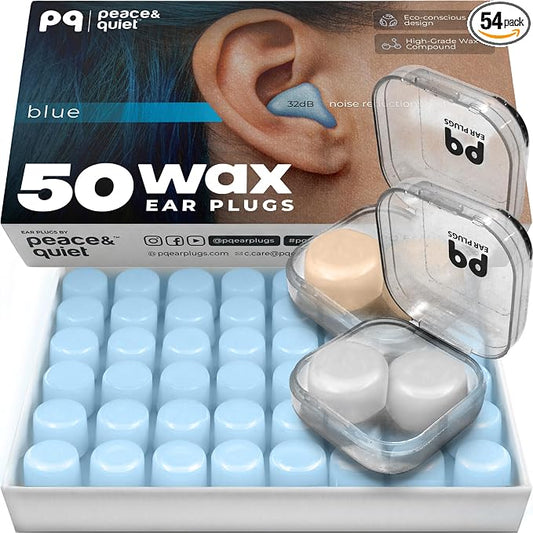 Peace&Quiet PQ Wax Ear Plugs for Sleeping, Swimming - 54 Noise Cancelling Silicone Gel Wax Earplugs, Ear Protection for Sleep and Swim, Soft Pillows with Sound Blocking Level 32Db, (54 Pillows)