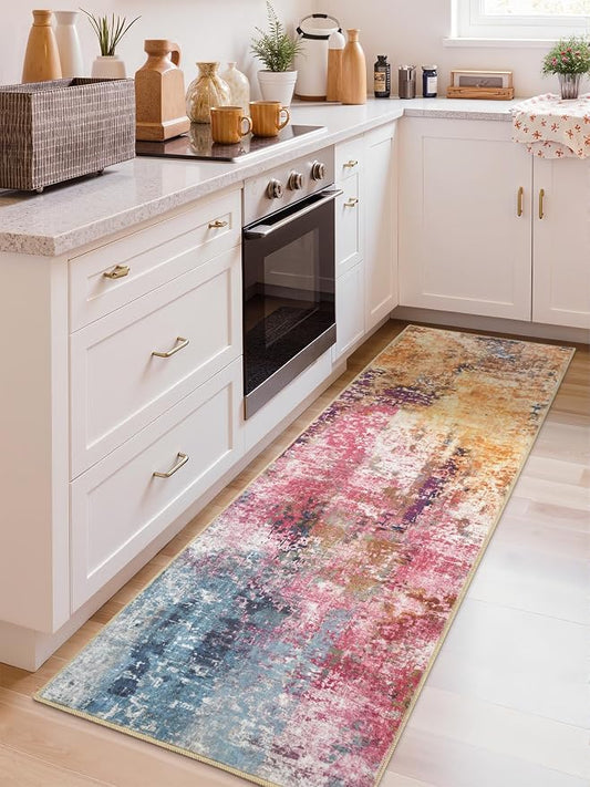 Macgace Washable Abstract Runner Rug, 2x6 Modern Area Rugs with Non-Slip Rubber Backed for Kitchen, Thin but Soft Contemporary Carpet Bedroom Entryway Hallway Decor, Galaxy
