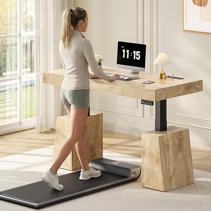 UPOSOJA 55 in Executive Standing Desk, Modern Electric Height Adjustable Desk with Drawer, Storage Cabinet, Shelves, Power Outlet, Wood Sit Stand up Computer Desks for Home Office, Natural Oak