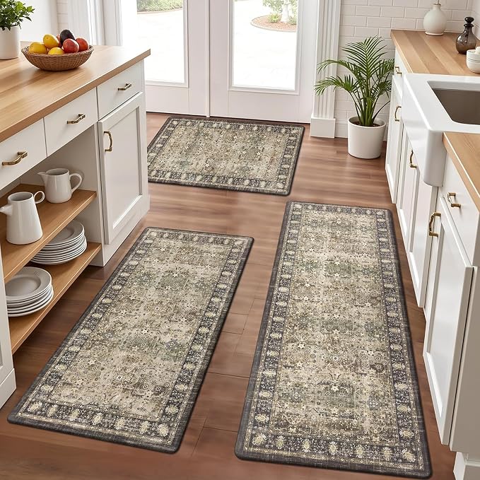 Pauwer Anti Fatigue Kitchen Floor Mats Set of 3, Cushioned Rug, Multi Brown | Non Slip Comfort Standing Mat, PVC Foam Padded Kitchen Rugs, Waterproof Sink Rug for Small Kitchen Area, Laundry Room