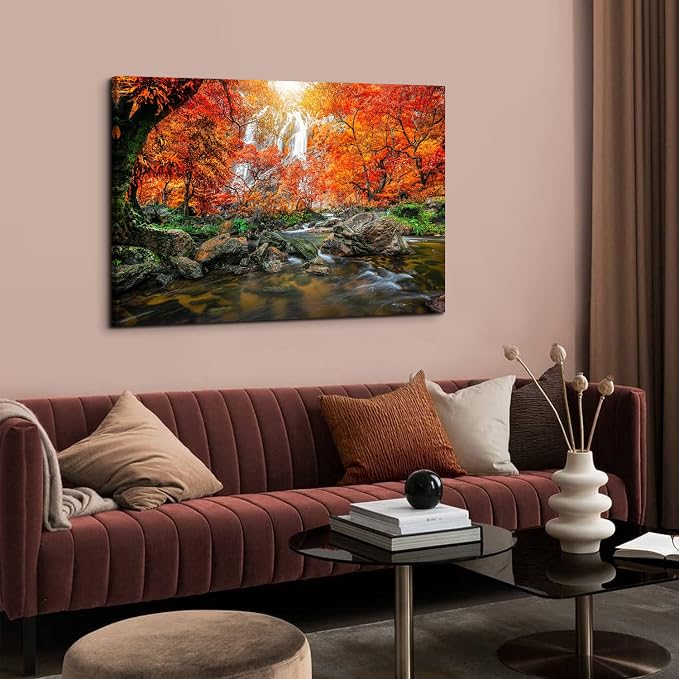 Mountain Waterfall Canvas Wall Art Tropical Forest Pictures Wall Decor for Living Room Kitchen Office Home Decoration 32x48” Nature Tree Scenery Posters for Room Aesthetic Artwork Burnt Orange Sunset