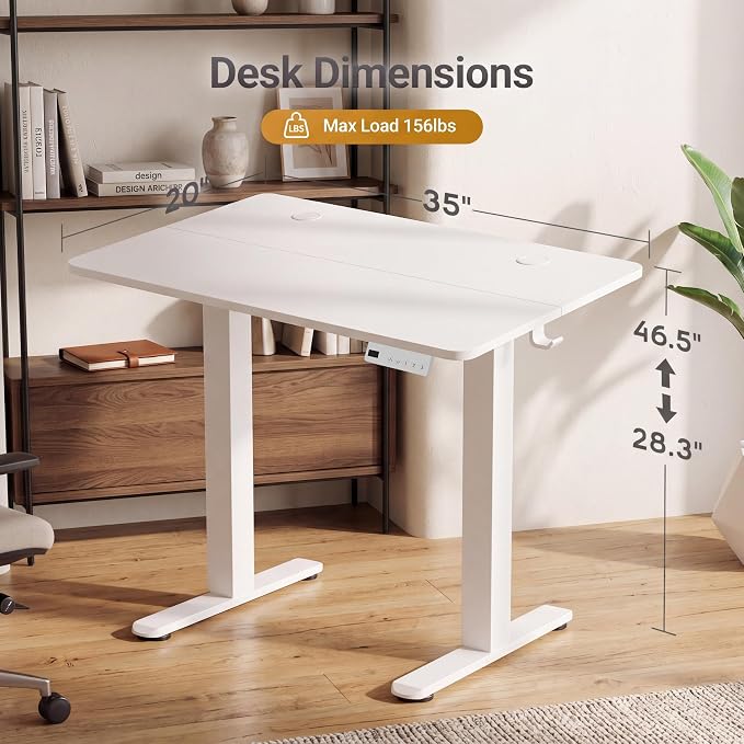 Claiks 35 x 20 Inch White Electric Standing Desk | Adjustable Height, Sit Stand, 3 Memory Presets, Cable Management, Space-Saving, Home Office & Bedroom