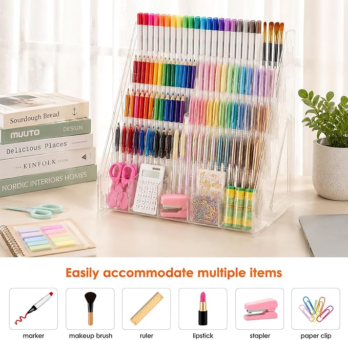 Acrylic Pen Pencil Holder for Desk With 25 Compartment Desk Organizers and Accessories,Durable Material Can Hold Pen Brush Cosmetic Scissor Clip Tape staplers Fit Home Office School(5 Tier)