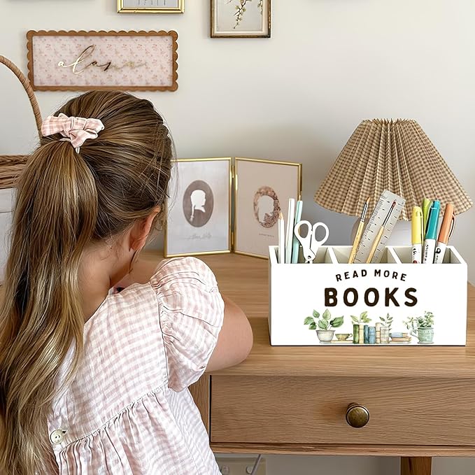 Book Lovers Gifts Pen Holder, Book Reader Gifts Pencil Holder for Desk, Read More Books Wooden Box Sign Decorations for Reading Room Corner Nook Classroom Desk Tabletop