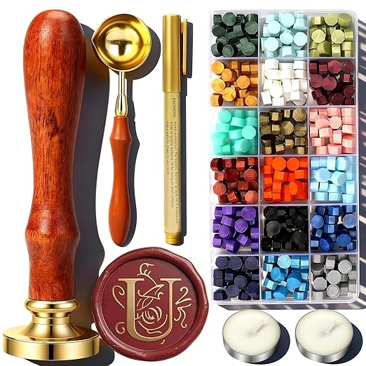 U Wax Seal Stamp Kit, TEKGERLU 360 PCS 18 Colors Wax Beads, Copper U Letter Stamp with Solid Wood Handle, Full Tools for Wedding Invitations, Envelope Sealing