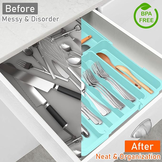 Silverware Organizer - Expandable Silverware Drawer Organizer Adjustable Drawer Organizer, Silverware Tray for Drawer15.2"x 19" Cutlery Drawer Organizer, Kitchen Organizers Storage, Turquoise