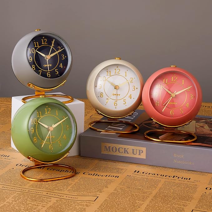 rjuwurv Metal Desk Alarm Clock, Retro Bedroom Table Vintage Analog Alarm Clock, Silent Non-Ticking Gold Clock, Bedside Décor(Sinor Gray)