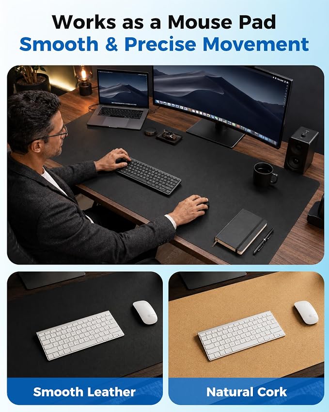 Aothia Cork Desk Mat - Dual-Sided Extra Large Desk Pad & Keyboard Mat, Long PU Leather Desk Protector, Waterproof Desktop Blotter (47" x 17", Black)