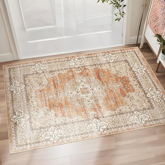 Puino Washable Entryway 2x3 Rug: Small Boho Rugs for Indoor Entrance Non Slip Backing Stain Resistant Carpet Low Pile Throw Rugs for Bedroom Bedside Inside Front Door Floor Kitchen Decor(Brick,2x3FT)