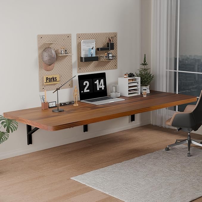 IAE Floating Wall Mounted Folding Table Desk with Pine Wood,55" x 22" Folding Workbench,Fold Down wall Mounted Foldable Table with Shelf Brackets,Laundry Folding Table for Apartment,Home,Kitchen,Teak
