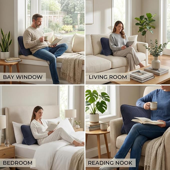 Pat. Pend. Corduroy Wedge Pillow with Lumbar Support, Triangle Cushion for Sofa, Couch, Bed or Recliner, Reading Pillow for Sitting & Relaxing, Navy Blue
