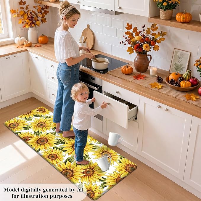 HEBE Fall Kitchen Mat Set of 2, Anti Fatigue Kitchen Mats for Floor | Cushioned Non Slip Autumn Kitchen Rugs and Runner Set, Waterproof Sunflower Floor Carpet for Harvest Thanksgiving