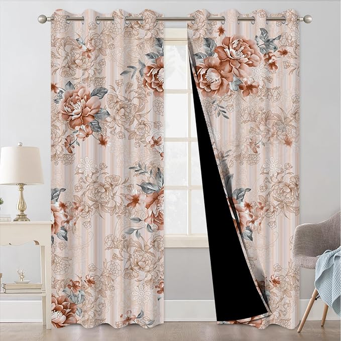 Blackout Curtains for Bedroom 84 Inch Length 2 Panel Sets, Beige Pink Vintage Floral Black Out Curtains for Living Room Darkening, Spring Summer Light Filtering Soundproof Thermal Bedroom Curtains