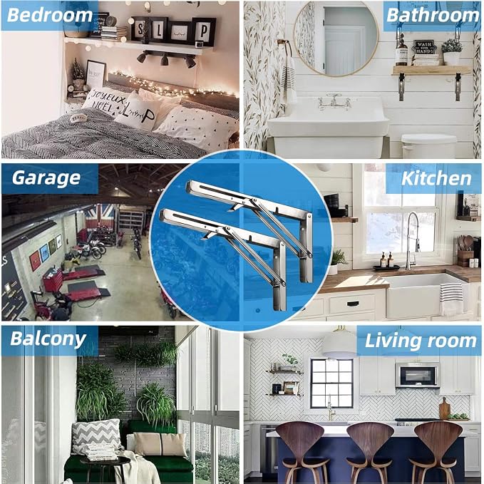 Folding Shelf Brackets 16 Inch, Heavy Duty Stainless Steel Collapsible Hinges Wall Mounted Angle L Bracket for Floating Shleves DIY Foldable Work Bench Table Desk - 6 Pack