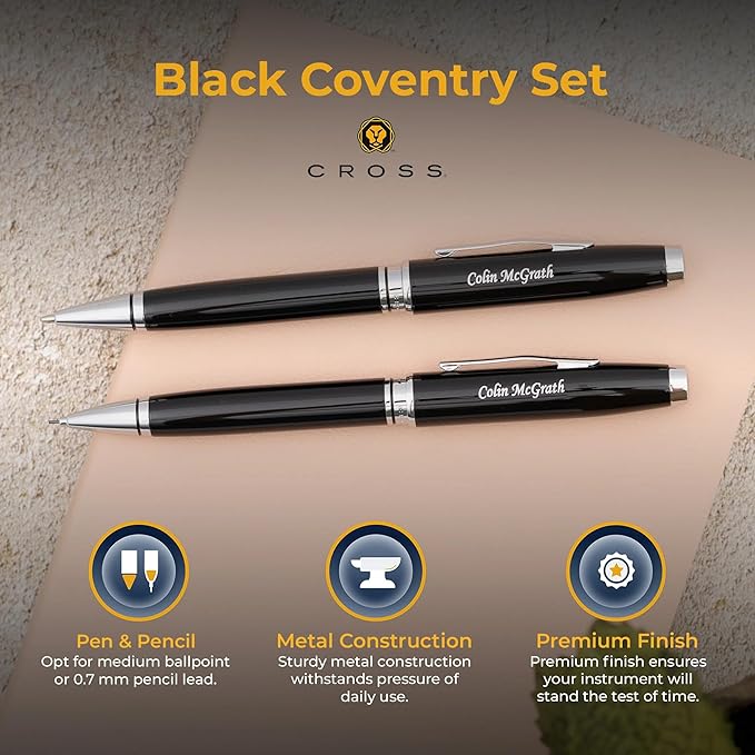 Dayspring Pens Engraved Cross Pen | Personalized Cross Coventry Ballpoint Pen and Pencil Set Black Lacquer. Engraved in Silver. Affordable Luxury Pen in Gift Box. Twist-Action Black Ink.