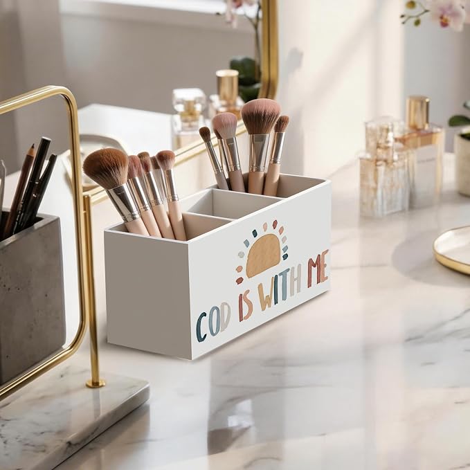 Boho Christian Inspirational Wooden Pen Holder for Desk, Retro Sunshine Bible Verse Religious Pencil Organizer Wooden Box Sign for Kids Room Classroom Home Office Decoration