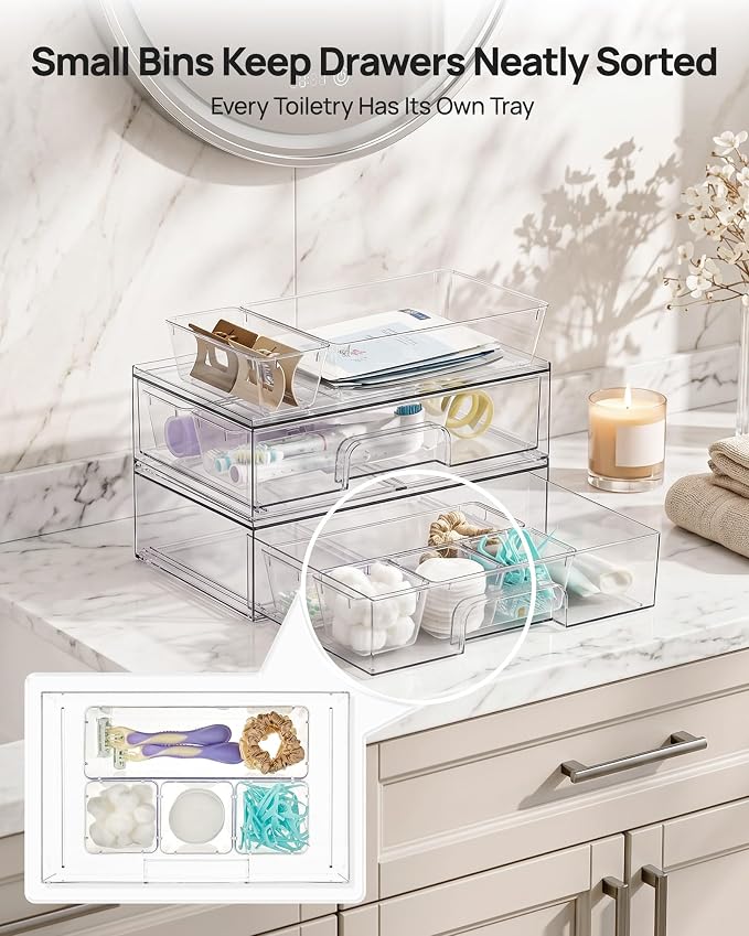 Vtopmart 12-Pack Clear Makeup Organizer Set with Drawer Organizer Bins | 2 Pack Stackable Storage Drawers & 10 Pack Drawer Organizer for Vanity Cosmetic, Bathroom Countertop, Desk