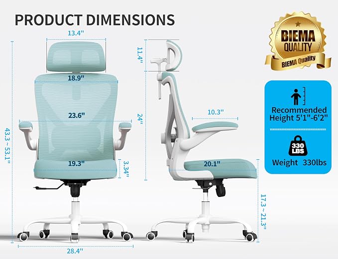 Ergonomic Office Chair: Mesh Desk Chair Comfy with Headrest& Lumbar Support | Ergalithic Big and Tall Office Chairs with Wheels & Flip-Up Arms-Computer Gaming Chairs for Adults Home Office(Lake Blue)