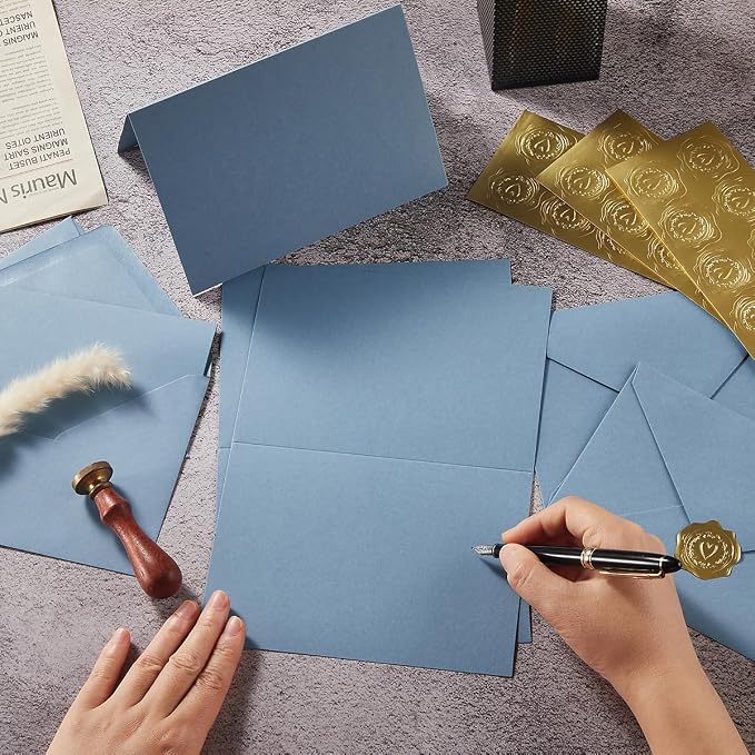 50 Pack Dusty Blue A6 Envelopes with Cards and Gold Stickers, 4x6 | With Thick Folded Cardstock, For Greeting Cards, Wedding, Birthday, Invitations, Baby Showers