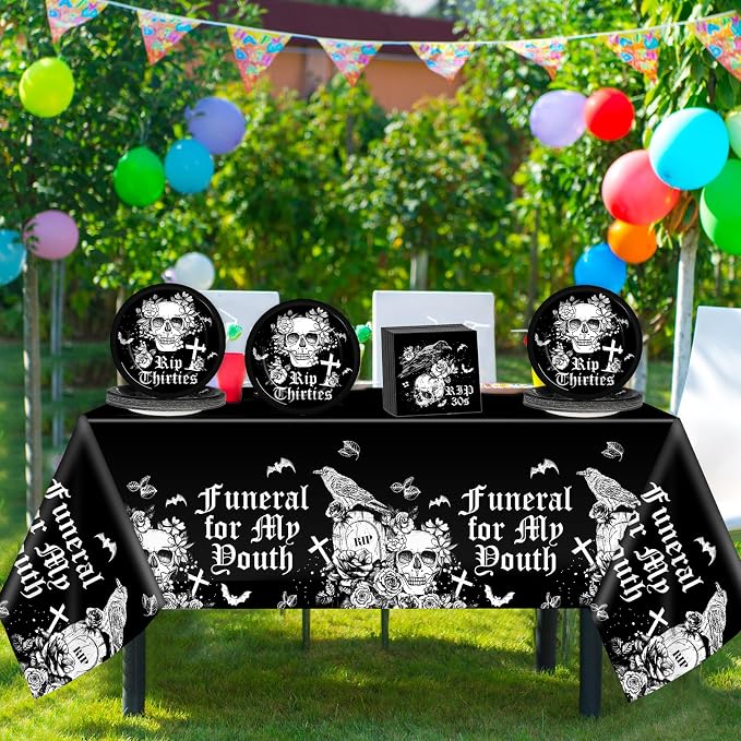 Death To My 30s Birthday Party Supplies Serves 24 Rip 30s Party Decorations 40th Paper Plates Napkins Disposable Black 40th Birthday Tablecloth Set Tableware Kit for My Youth Funeral