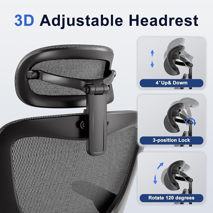 marrap Ergonomic Office Chair, Mesh Desk Chair with 3D Armrests, Adjustable Lumbar Support and Headrest, 90-120° Rocking Function, Black