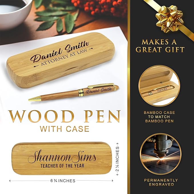 My Personal Memories Custom Engraved Ballpoint Pen with Personalized Case - Wood Pen Set for Lawyers, Doctors, Teachers, Graduates, Students (Bamboo)