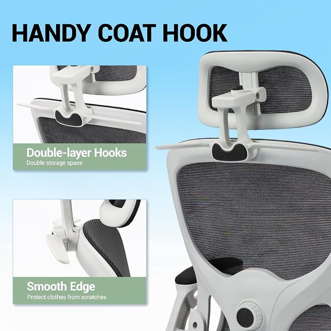 Ergonomic Office Chair with Flip-up Arms, Grey | Home Desk Chair w/ Coat Hook, Adjustable Headrest and Lumber Support, Mesh Computer Gaming Chair, 330 LBS