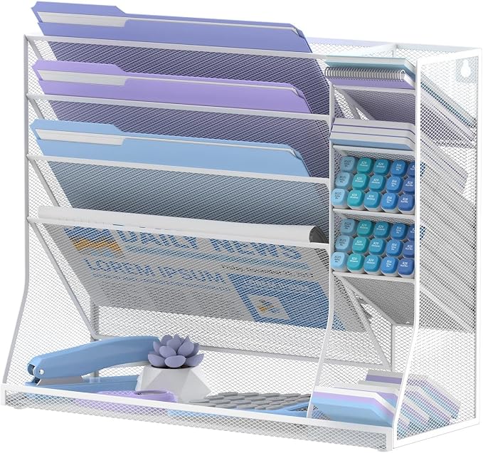 Wall File Organizer, 5-Tier Desk Organizer with 4 Pen Slots, Hanging Wall File Folder Holder with R-shaped Bottom Tray, Mesh Versatile Mail Holder Desk Organization for Office, White