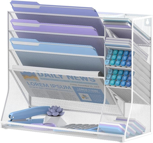 Wall File Organizer, 5-Tier Desk Organizer with 4 Pen Slots, Hanging Wall File Folder Holder with R-shaped Bottom Tray, Mesh Versatile Mail Holder Desk Organization for Office, White