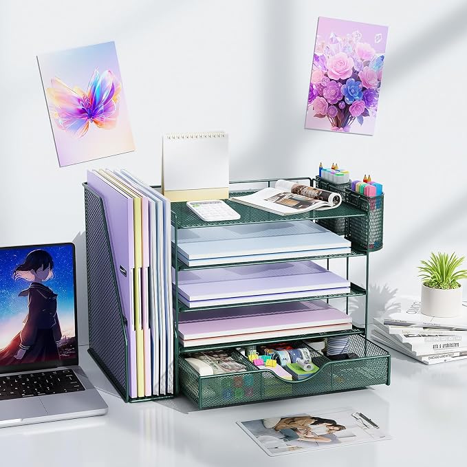 gianotter 5-Tier Desk Organizer with Drawers and File Holders | Letter Trays and Pen Holders - Workspace Accessories for Office Supplies (Green)
