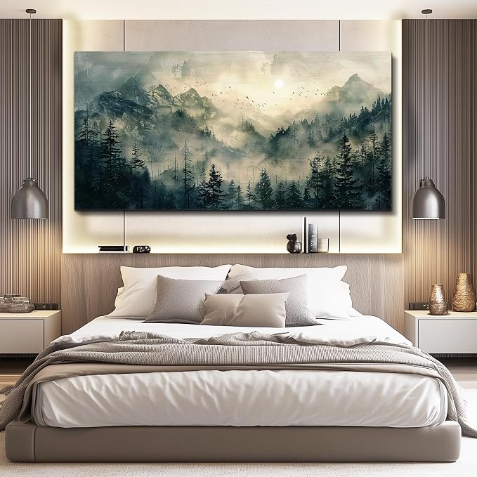 FUHAIHUA Large Framed Wall Decor For Living Room Canvas Wall Art For Office Farmhouse Wall Decorations For Bedroom Forest Fog Landscape Paintings Modern Pictures Artwork Room Home Decor 24x48 In