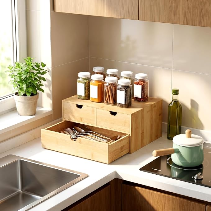 Desk Organizer with Drawers - Bamboo Desktop Organizer Storage | White-Natural Wood Desk Drawers Organizer for Bills, Office Supplies, Cosmetics, Seals No Assembly Required