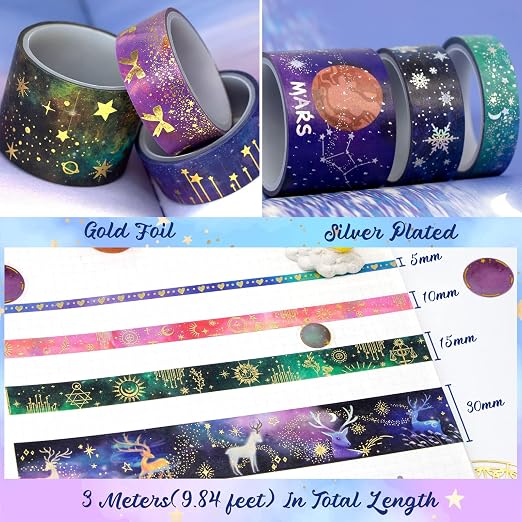 Ieebee 52 Rolls Washi Tape Set, Gold Foil Galaxy Washi Tape for Journaling Supplies, 4 Size Washi Tapes for Scrapbooking, DIY Journal Set, Craft, Gift Wrapping, Painting
