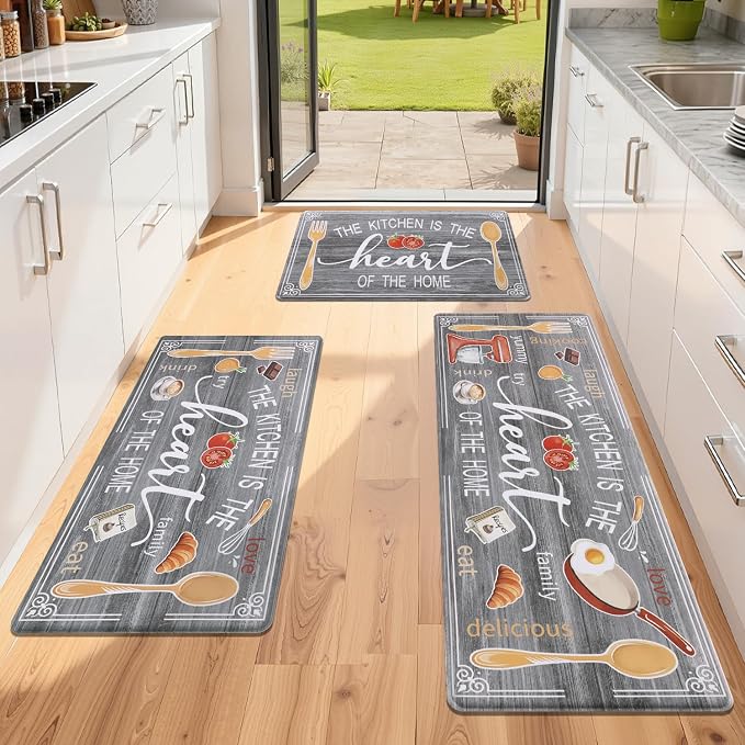 Yamaziot Anti Fatigue Kitchen Rug Set of 3, Non-Slip Cushioned Floor Mats | Waterproof, Stain Resistant, Farmhouse Cushioned Comfort Standing Desk Mat with Runner for Kitchen, Office, Sink, Laundry
