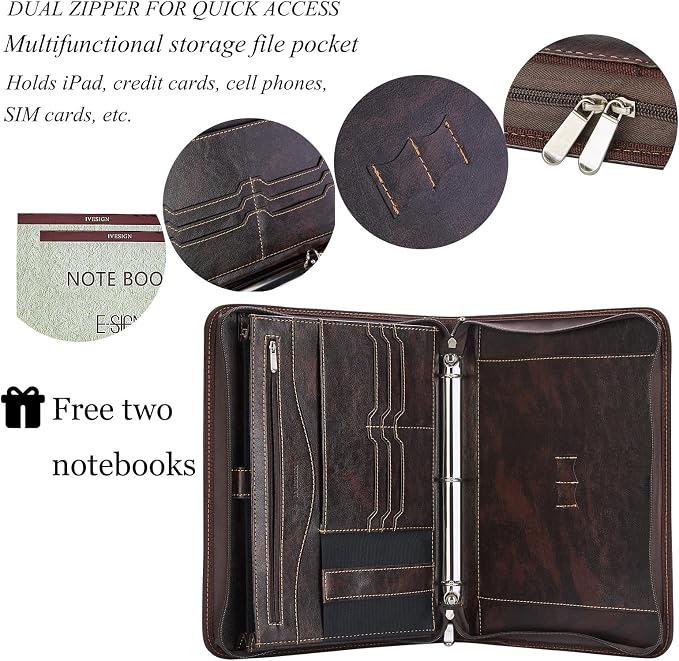 Zippered Padfolio Binder, Faux Leather Organizer with 3-Ring Binder, Left-Handed Design, Business Card Slots & Document Folders - Professional Padfolio for Office (Dark Brown)