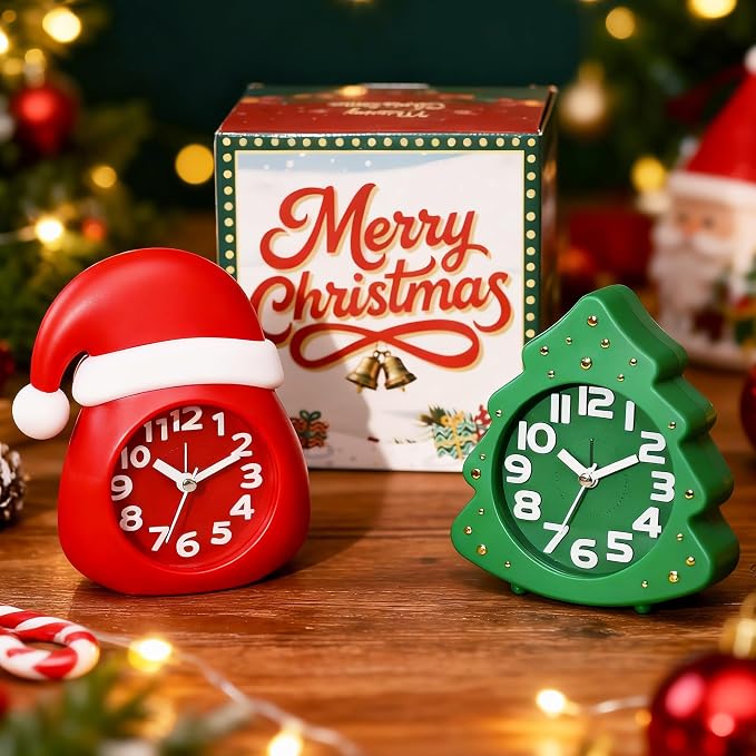AYRELY® Christmas Alarm Clock Gift Set, 2 Silent Analog Clocks | Santa Hat & Christmas Tree Designs, Ready-to-Gift Holiday Edition for Kids & Family with Festive Gift Box