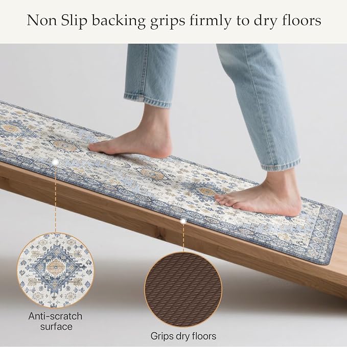 GENIMO Anti Fatigue Kitchen Mats for Floor 2PCS, Cushioned Standing Mats | 17.3"x59"&17.3"x30", Light Green vintage boho rug set, waterproof, non-slip, easy-clean for home laundry sink farmhouse