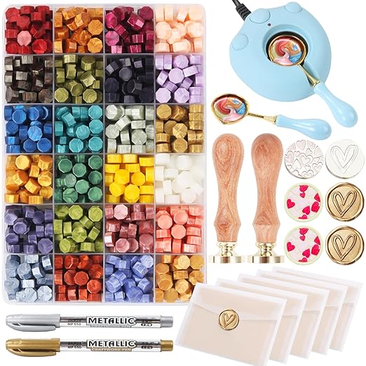 Wax Seal Stamp Kit with 24 Colors Wax Seal Beads 600pcs, WASOHLING 2PCS Love Heart WaxSeal Stamps with Electric Sealing Warmer Set, Envelopes and Metallic Pen for Letter Sealing
