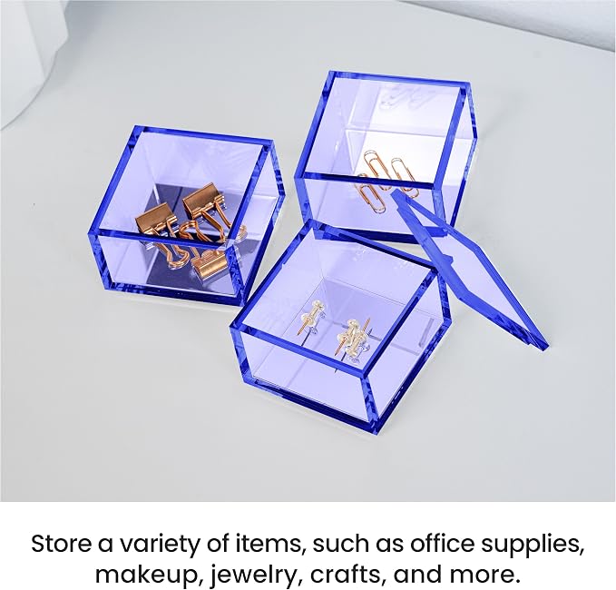 3-Tier Stackable Acrylic Holder- Stylish Desk Organizer and Storage for Office or Home – Transparent Square Design, Blue with Silver Metal Base