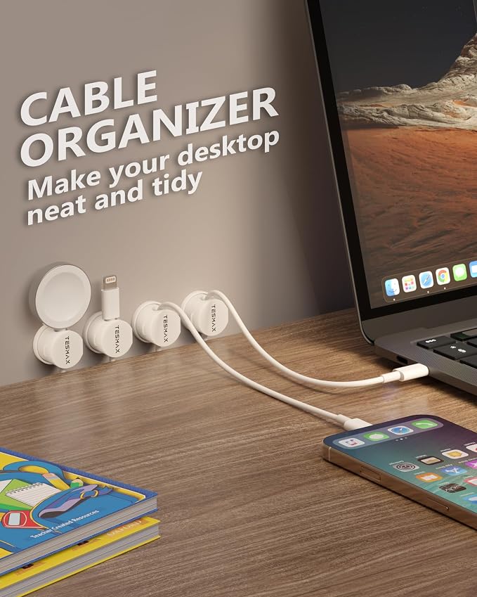 6Pack Magnetic Cord Holder 360° Rotating, 1s Lock Adhesive Desk Organizers | 8mm Cable Pass-Through, One-Hand Easy Installation for Cable Management, Phone Charging Wires Nightstand Car Home Office