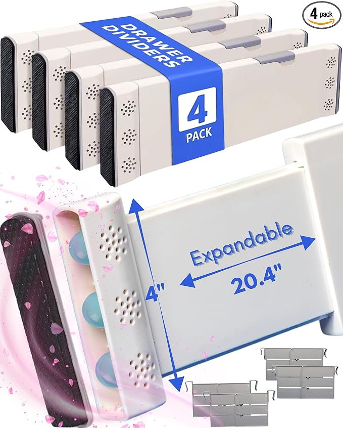4 Pack Adjustable Drawer Dividers for Clothes with Scent Slots 4" High, 13-20.4" and 4 Adjustable Hooks, Expandable Dresser Drawer Dividers for Kitchen, Closet, Bathroom, Office