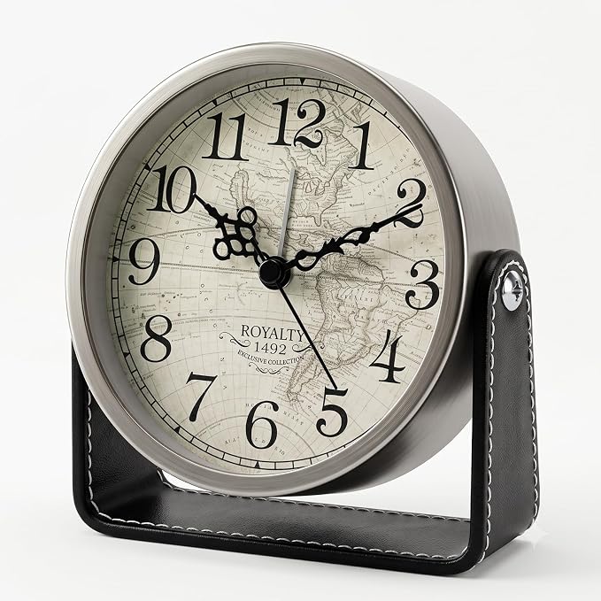 Analog Alarm Clock - 4.5" Silent Non Ticking Small Clock with Light, Rotatable Stand Metal Desk Clock Battery Operated, Simple Design for Living Room Decor/ Bedroom/Bedside/Shelf (Silver & Black)