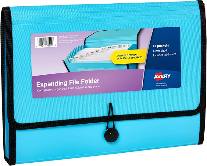 Avery Expanding File Folder Organizer, 13-Pocket Accordion File Organizer, Aqua, Holds 425 Letter/A4-Size Sheets (73554)