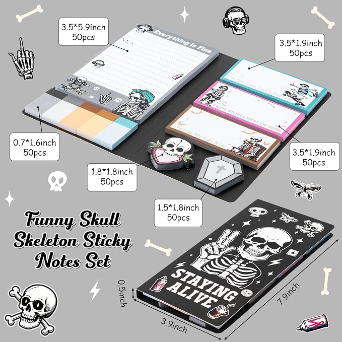 B1ykin Cute Sticky Notes Set - Stay Alive Skeleton Shaped Self-Stick Notes Pad, 550 Sheets Writing Memo Pages Sticky Notepad for Teacher Appreciation Gifts, School Office Supplies (Funny Skeleton)