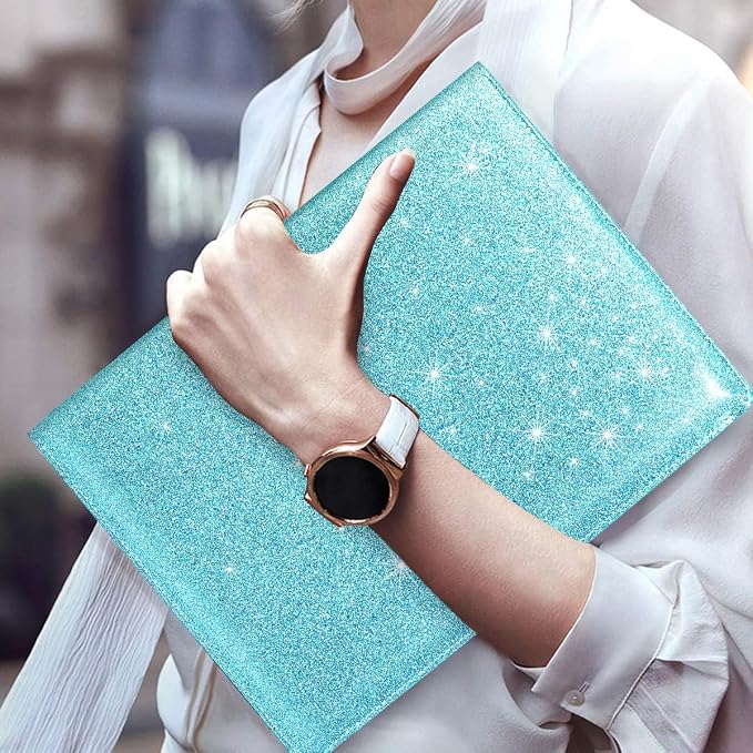 Glitter Portfolio Case for Women, Padfolio Cover for Women, Conference/Resume/Legal Document Organizer with Letter/A4 Size Clipboard Hardboard, Business Card Holders, Blue+Green