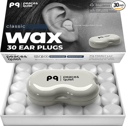 Peace&Quiet PQ Wax Ear Plugs for Sleeping - 30 Silicone Wax Earplugs for Sleeping and Swimming, Gel Ear Plugs for Noise Cancelling, Sound Blocking Level of 32 Db (30 Pillows), Color: White